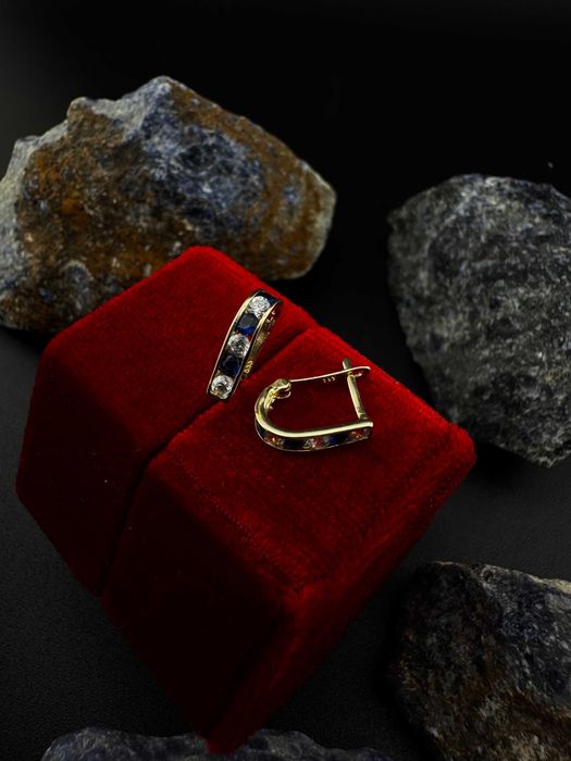 Złote Kolczyki z Granatowymi Cyrkoniami | JAK NOWE | 585 | 1.04G