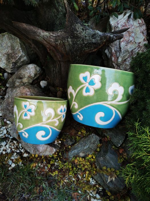 Para ceramicznych donic vintage zielono turkusowe secesja