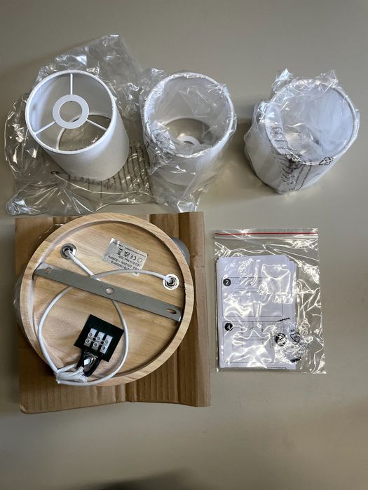 Lampa sufitowa plafon drewniana 3x E14 tkaninowe abażury Boho Skandynawska Nowa (7058)