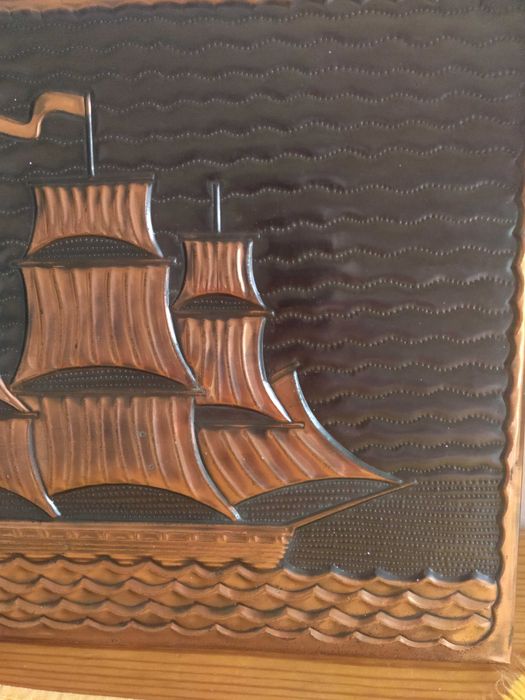 Żaglowiec, statek, obraz wypukły w miedzi, unikatowy 36x26