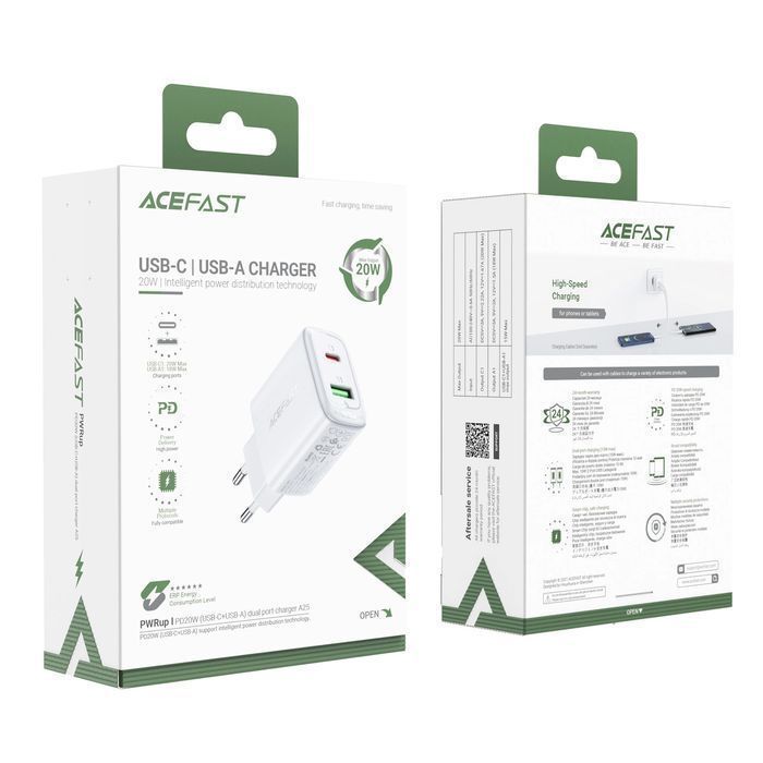 Acefast ładowarka sieciowa USB Typ C / USB 20W, PPS, PD, QC 3.0, AFC,