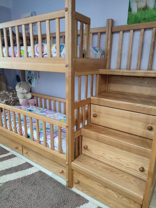Двоповерхове  ліжко+дробина -комод з натурального дерева (Ясінь)+2м.