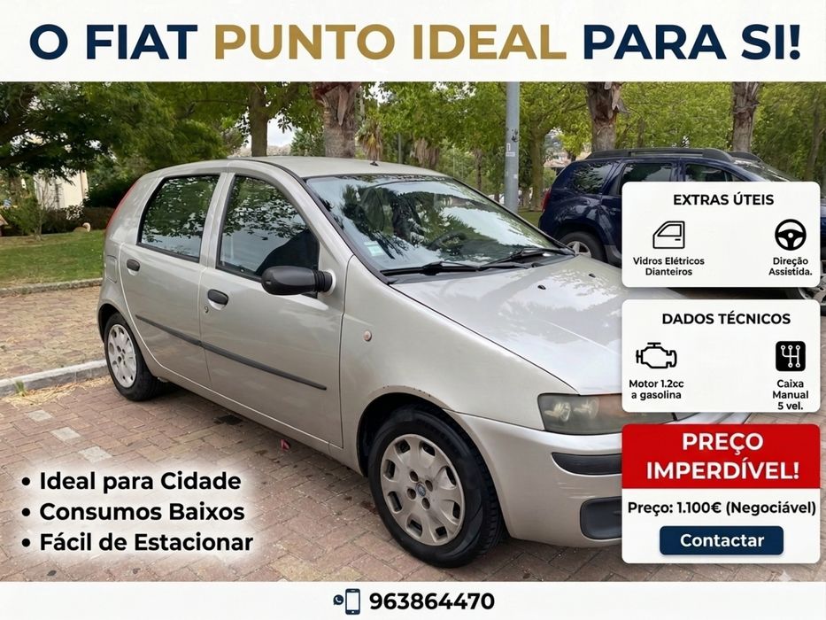 Fiat Punto 2003 a Gasolina por 1.100€ — Com 4 Pneus Bons e 2 Pneus suplentes