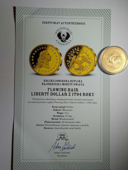 Moneta Replika Flowing Hair Liberty Dollar 1794 – Skarbnica Narodowa + Certyfikat
