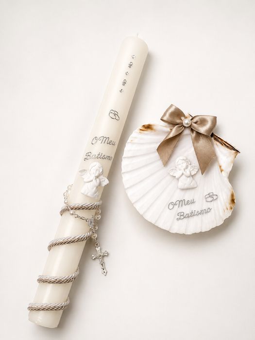 Conjunto vela e concha de batismo