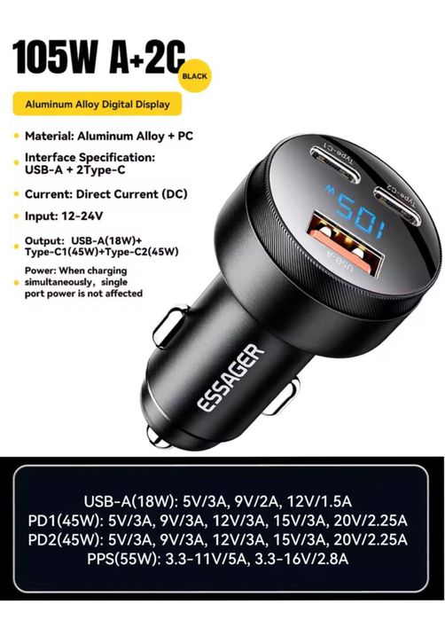 80w Швидка Автомобільна Зарядка Essager прикурювач USB+Type-C з вольиетром на 3 виходи, Toocki 33w 80w 105w 120w для телефона планшета та ноутбука