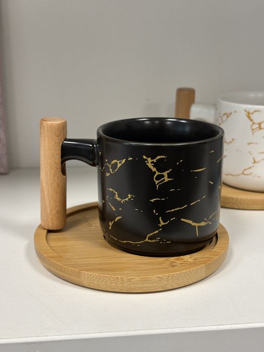 Filiżanka z podstawką czarna biała bambus Nowe