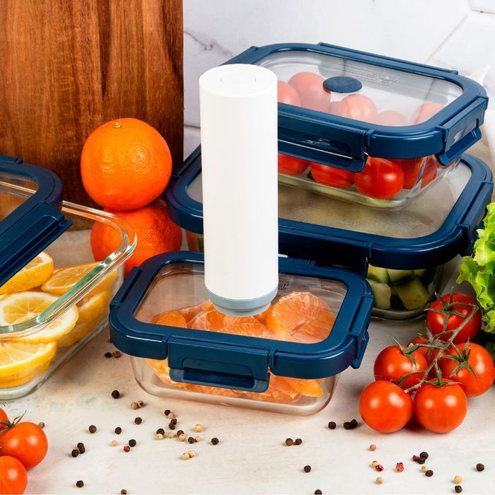 4x próżniowe prostokątne szklane pojemniki + pompka próżniowa