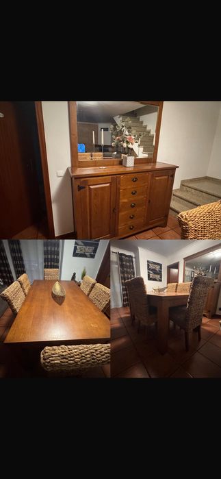 Vendo mobília de sala de jantar, composta por aparador com espelho, mesa extensível com seis cadeiras de verga e um baú