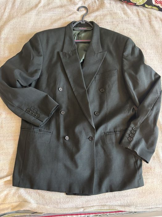 Hranatowo-szara dwurzedowa marynarka welniana styl vintage