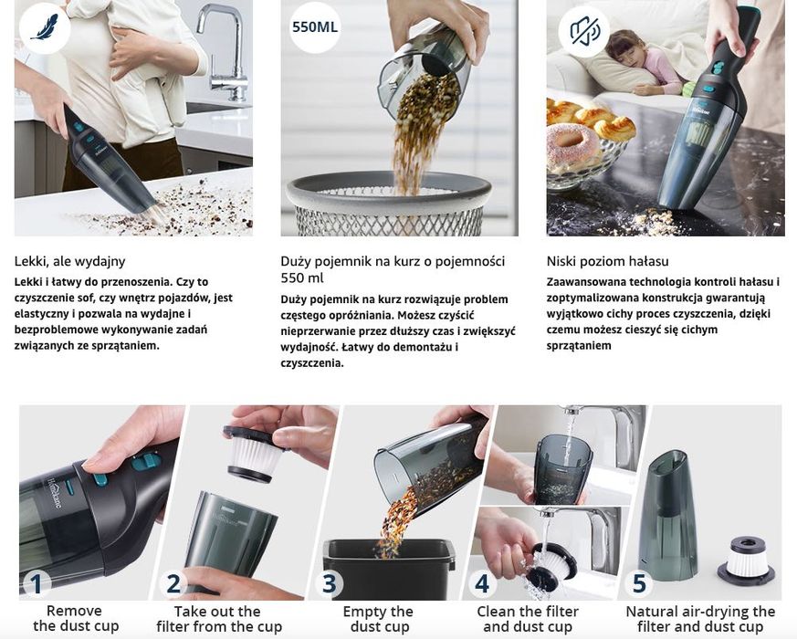 Akumulatorowy ręczny odkurzacz bezworkowy HEPA 9500Pa 2000 mAh CZARNY