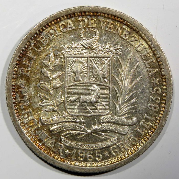 Moeda Venezuela 1 BOLIVAR 1965 / Bela+ PRATA Linda Patine