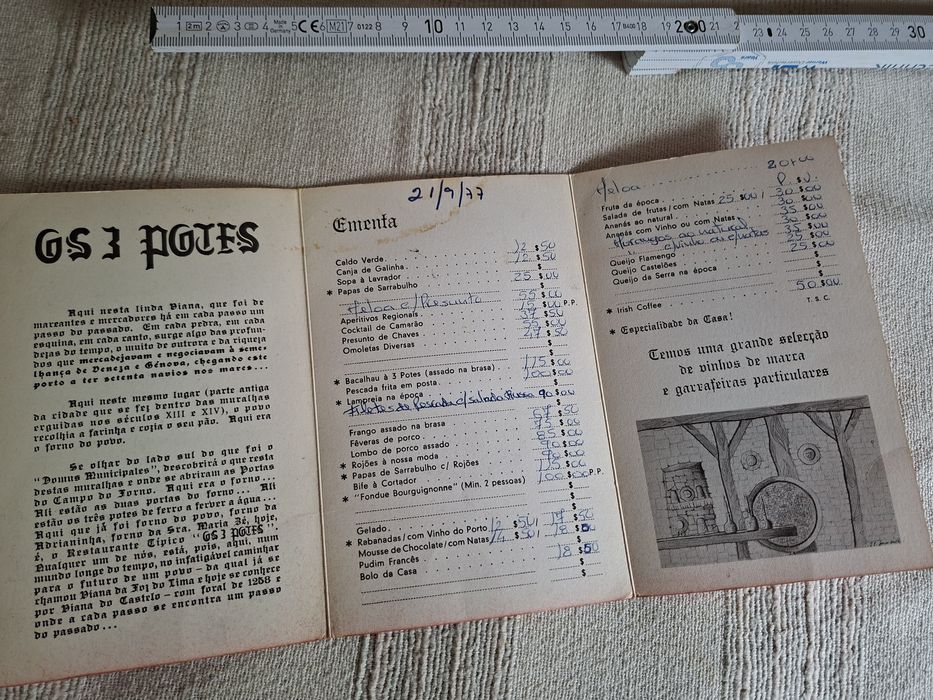 Restaurante Os 3 Potes Viana do Castelo antigo folheto menu de 1977
