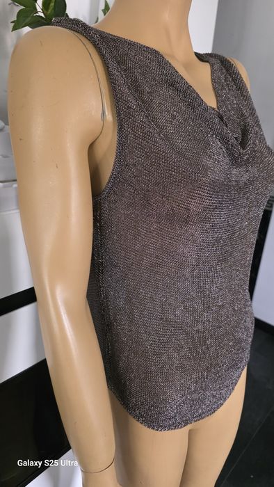 Metaliczny top Zara M dzianina siateczka lejący błyszczący brąz/khaki