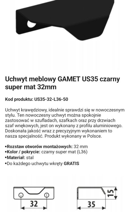 Uchwyt meblowy 32mm czarny super mat metal metalowy industrial loft st