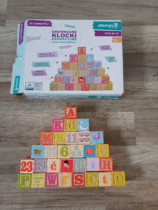 Drewniane klocki Elefun literki cyferki