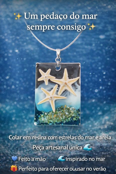 Pendentes artesanais feitos em resina com areia e conchas naturais.