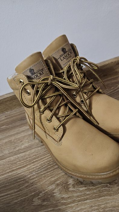 Buty skórzane trapery zimowe Lasocki musztardowe skórzane