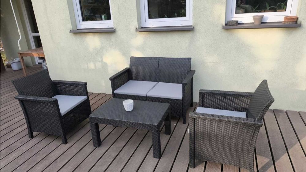 Комплект садових меблів,чорний техноратанг MEBEL ELITE BRENTA ME.BRENTA/CZ/RT/OGR/ZES 2-місний диван, 2 крісла, стіл