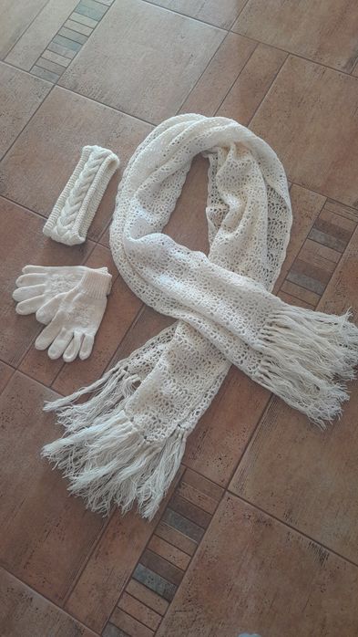 Ciepły komplet w stylu Boho szal opaska rękawiczki