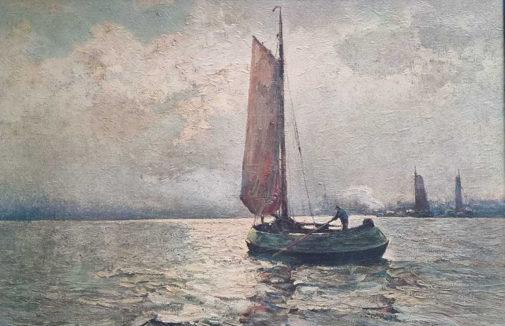 Połów o świcie,  Rudolf A. Guba ur.1884 zm.1950 olej/płyta