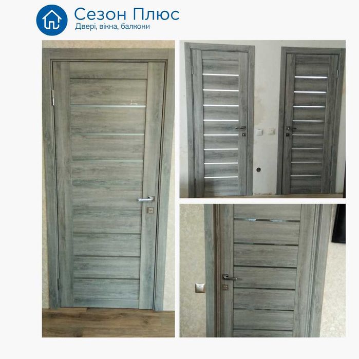 Міжкімнатні двері сірого кольору з коробкою