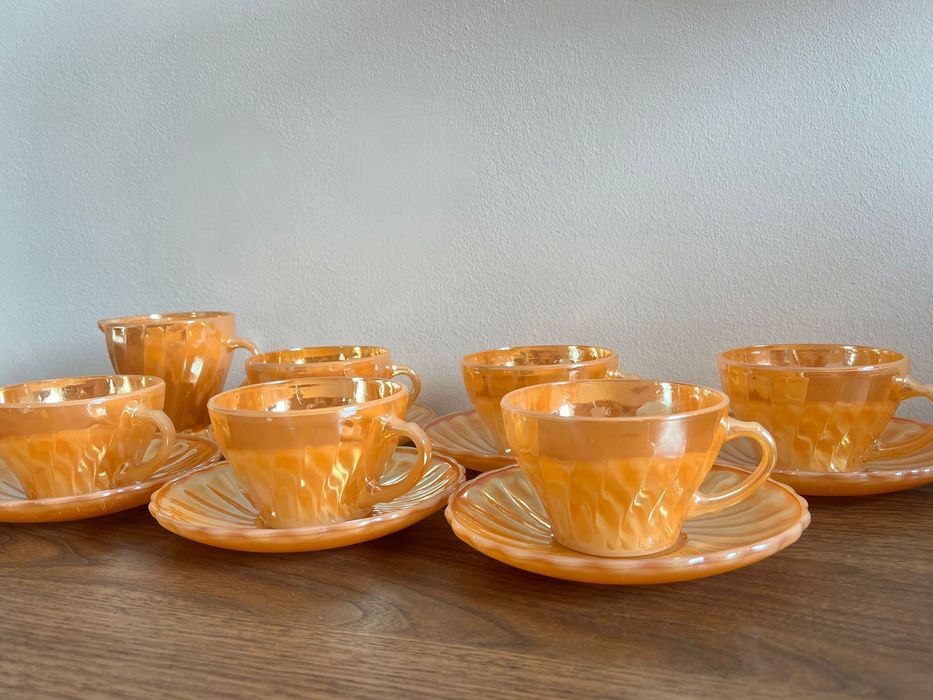 Serviço Vintage Fire-King Peach Lustre – 6 Conjuntos Completos
