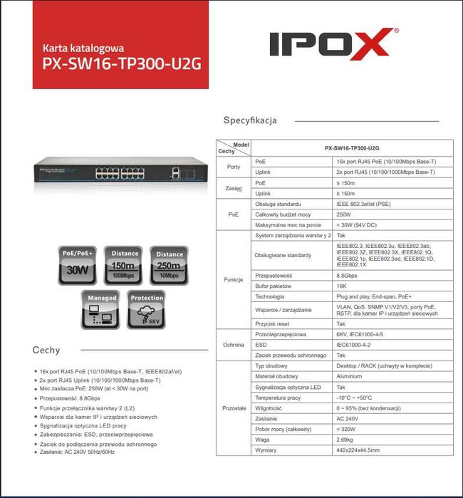Switch IPOX 16-portowy POE+