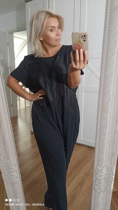 Czarny  długi kombinezon materiałowy szerokie nogawki MarksSpencer