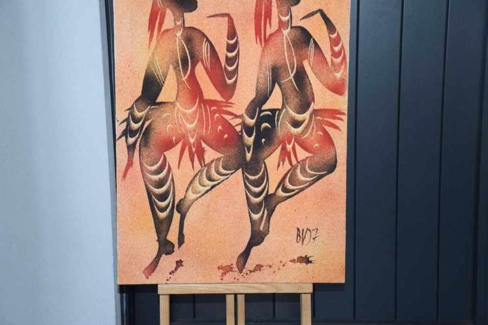 Quadro africano (Angola) pintado a tinta de areia – Par de dançarinas - 1997