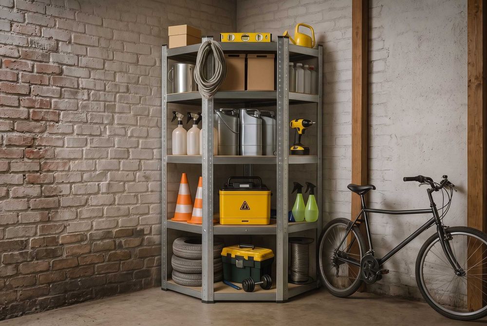 Nowy Regał Magazynowy Narożny 180x90x90x40 cm Metalowy Srebrny 5 półek 2w1 | 875kg 5 Półek MDF Wciskany Bez śrubowy do Garażu Piwnicy Nowy FV23%