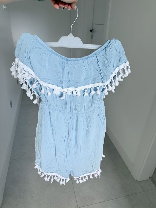 Kombinezon niebieski z białymi frędzlami boho xs/s