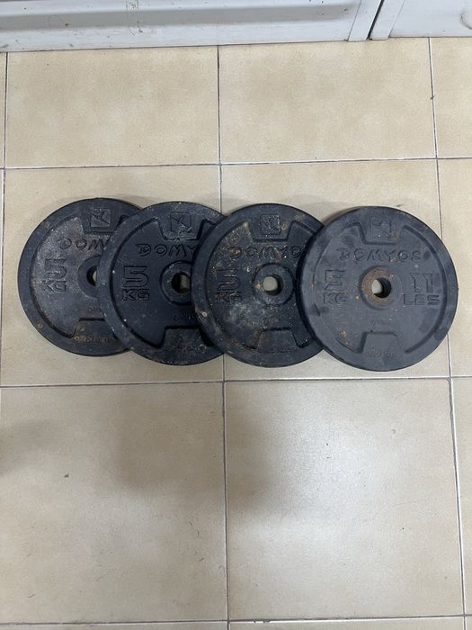 Kit de Musculação Domyos 80Kg em discos + Barra Longa + 2 Halteres