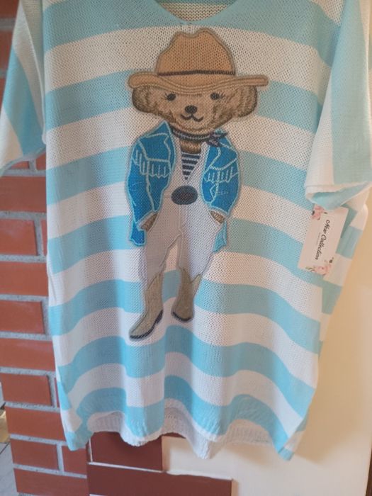 Nowa bluzka w biało błękitne pasy, aplikacja z misiem...xl