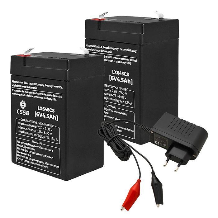 2x Akumulator żelowy CSSB 6V 4.5Ah alarm samochodzik autko + ładowarka