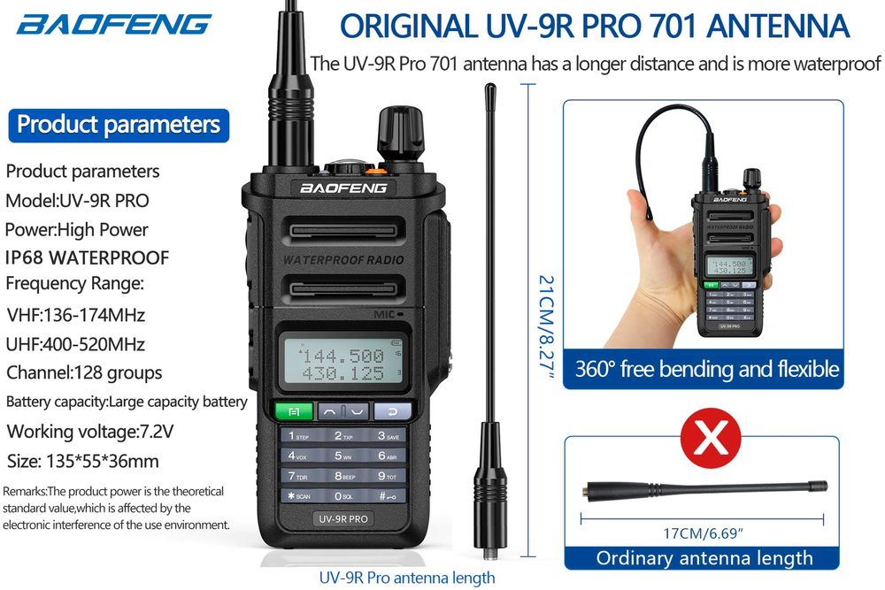 Rádio Portátil Baofeng UV-9R Pro VHF UHF Waterproof IP68