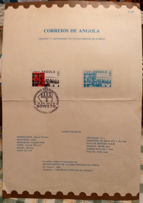 Selos e envelopes 1° dia - Angola