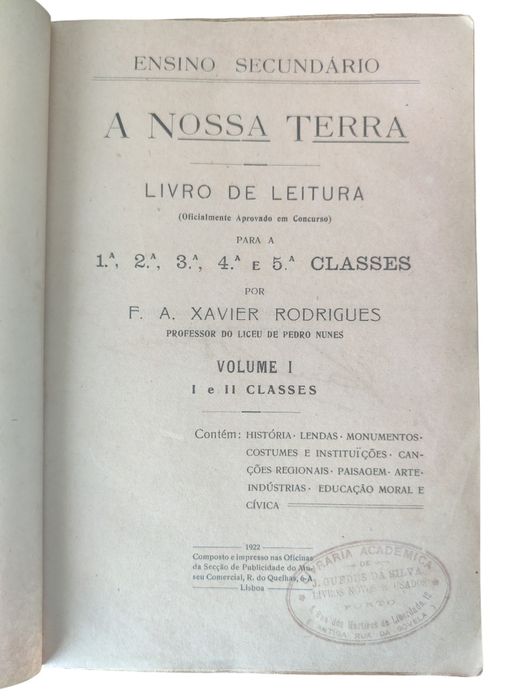 Livro escolar antigo intitulado "A Nossa Terra"