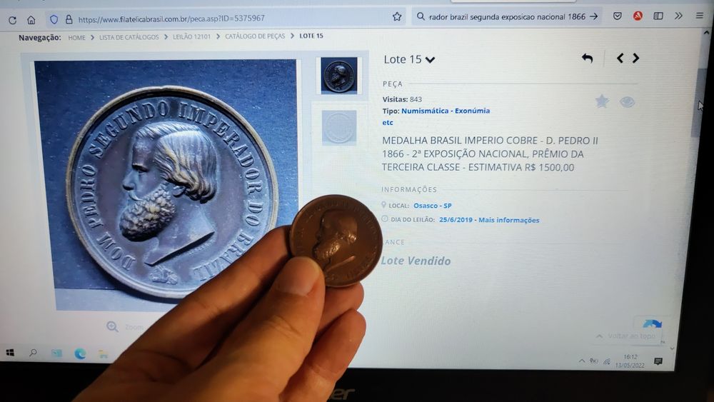 Medalha Brasil Império Cobre Dom Pedro II