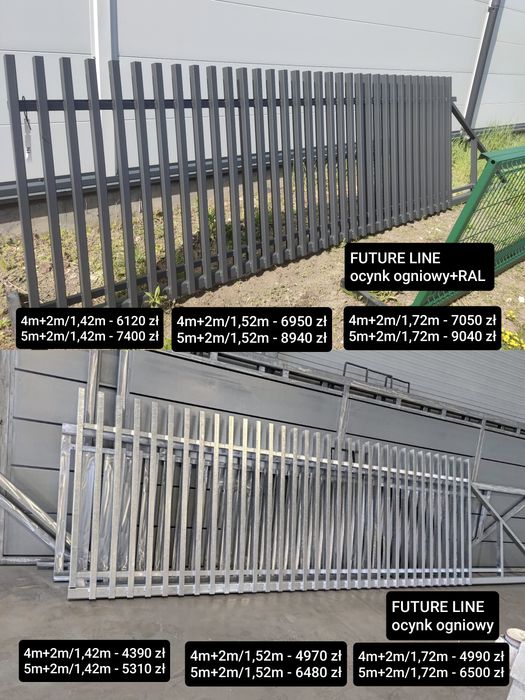 Brama przesuwna palisada pion 4mx1,42m, PREM CLASSIC,ocynk ogniowy+RAL