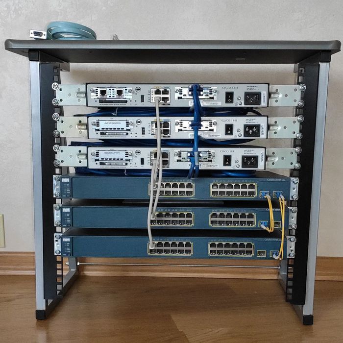 Cisco Lab для CCNA/CCNP/DevNet: 3x1841 (RAM/Flash Upgrade) + 3x3560 + Стійка 10U