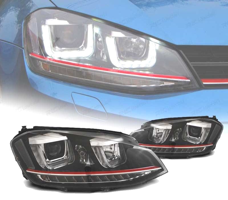 FARÓIS VOLKSWAGEN VW GOLF MK7 12-17 U-TYPE DRL DINAMICOS PRETO LINHA VERMELHA