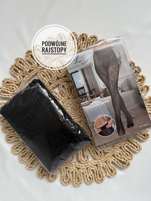 Czarne podwójne rajstopy ocieplane koronkowe bawełna HIT