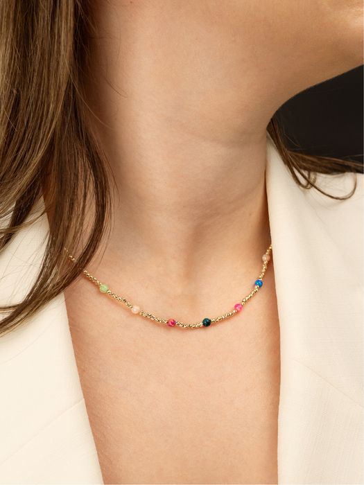 Złoty naszyjnik 585 z opalami – diamentowane kulki, regulowany, nowy