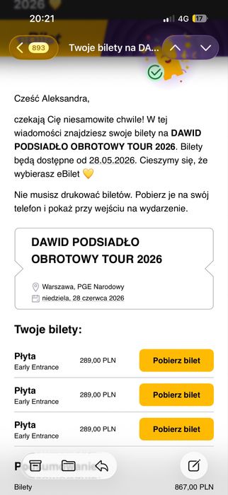 3 Bilety na koncetr  Dawida Podsiadlo (Early Entrance), plyta