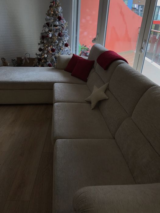 Sofa creme tecido chaise long 3 lugares