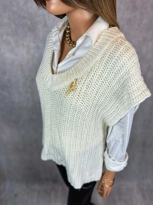 Sweter bez rękawów oversize VRS ecru dekolt V XL 42