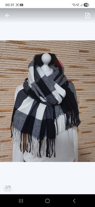 Piękny szal 50%kaszmir 50% wełna Cashmere r200x70 krata czarny czerwon