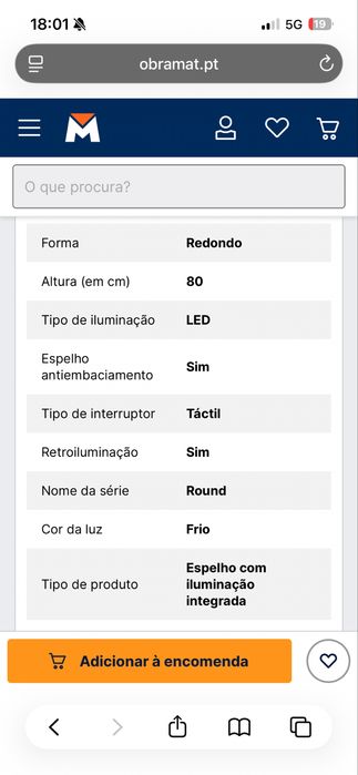 Espelho redondo com luz 80cm NOVO