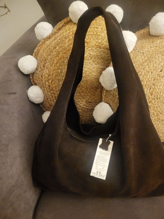 Torebka, torba , skóra naturalna-zamsz, gorzka czekolada NOWA
